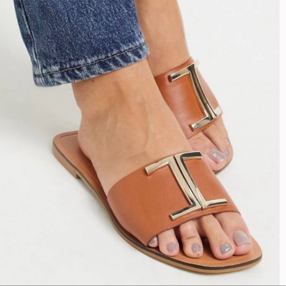 ASOS Tan Slide Sandals with Gold Hardware